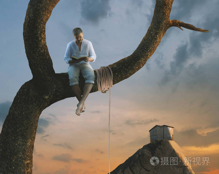 日落时分坐在树枝上的人用绳子和阅读圣经的基督教观念