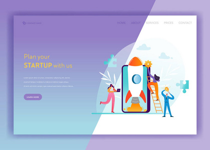 业务启动登陆页面模板。 移动技术和战略横幅与商务人士人物发射火箭使用智能手机。 团队合作创新网页。 矢量插图