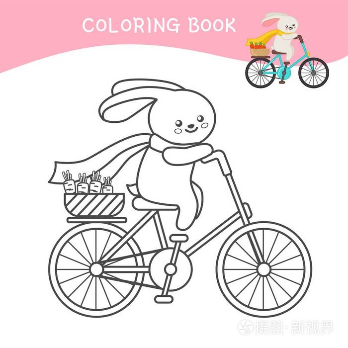 骑自行车上的卡通可爱的兔子.
