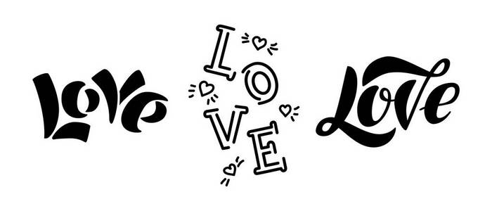 爱。 手绘创意现代字体孤立在白色背景上。 设计节日贺卡和邀请婚礼生日情人节和快乐的爱情日。 矢量元素集