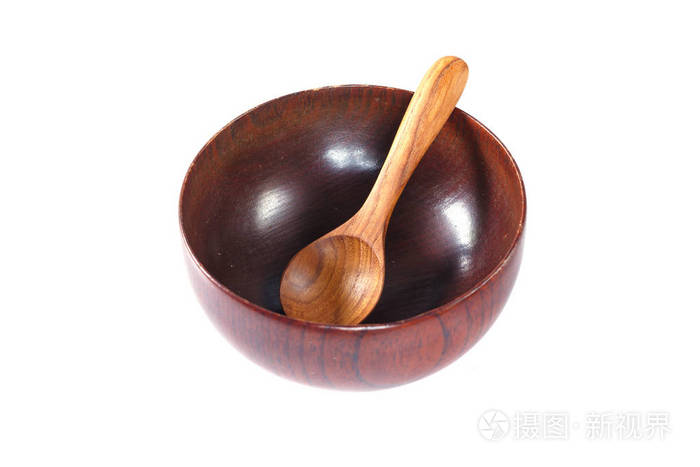 碗和勺子木制的白色背景