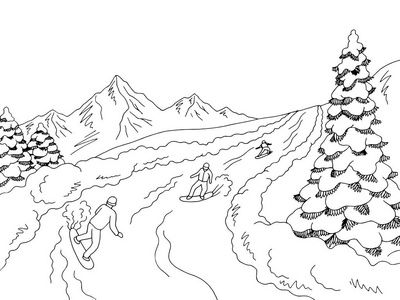 人们骑在滑雪板上的山上,黑白风景素描,插图矢量照片