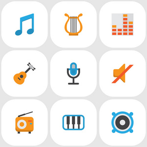音频图标平面风格设置与音乐麦克风静音和其他卡拉OK元素。 孤立的插图音频图标。