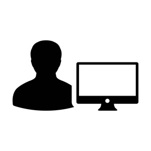 编码图标矢量男性用户与计算机监控屏幕化身平面颜色的字形象形文字符号插图