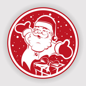 老人胳膊圣诞节红色圆标志与圣诞老人的剪影与胳膊分开和礼品盒照片