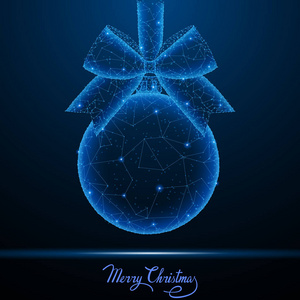 带有丝带和蝴蝶结的圣诞球的抽象多边形光。 商业丝网球体从飞行碎片。 新年假期概念。 蓝色结构样式矢量插图。