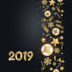 创意背景，2019年快乐新年背景。 圣诞节和2019年新年贺卡的黄金设计。 新年传单贺卡节日背景复印空间。