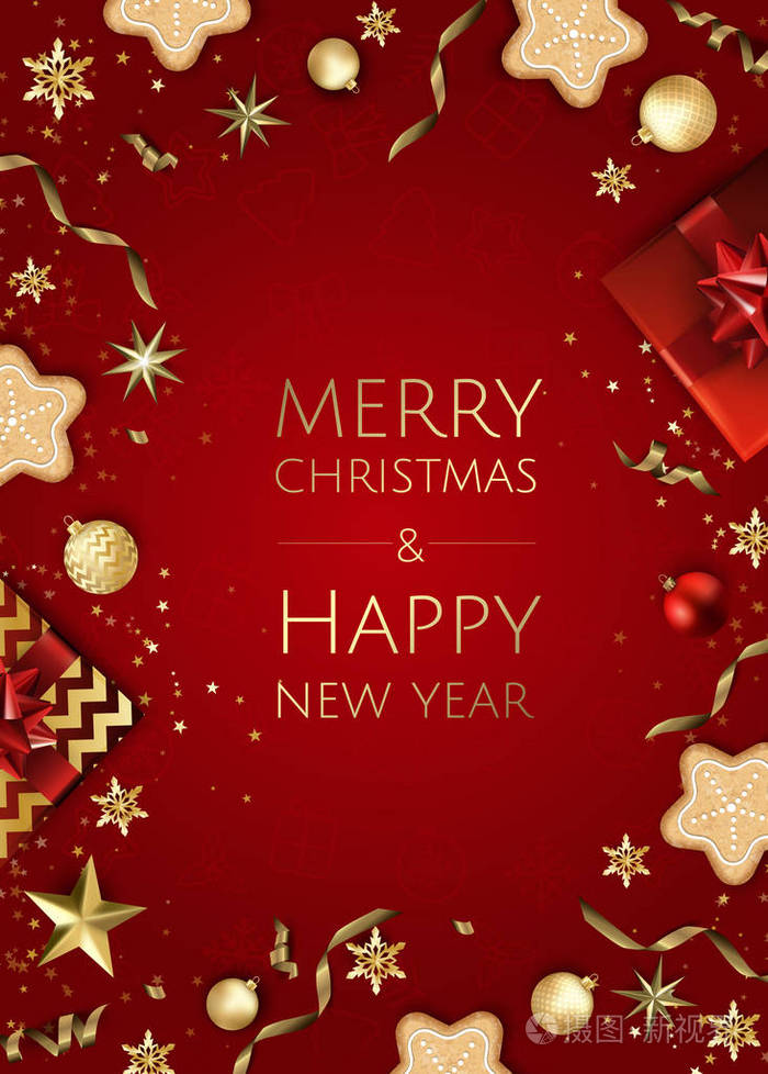 圣诞节明亮的背景与金黄圣诞节装饰圣诞快乐贺卡