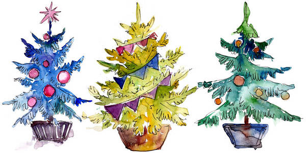 孤立的圣诞树在锅里。背景插图集。隔离水彩画