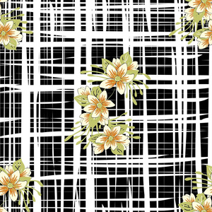 时尚的花卉图案在花和叶。线外植物图案分散随机。 时尚印花的无缝矢量纹理。 手工印刷