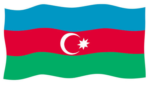 阿塞拜疆国旗在白色的背景上飘扬,蓝,红,绿照片