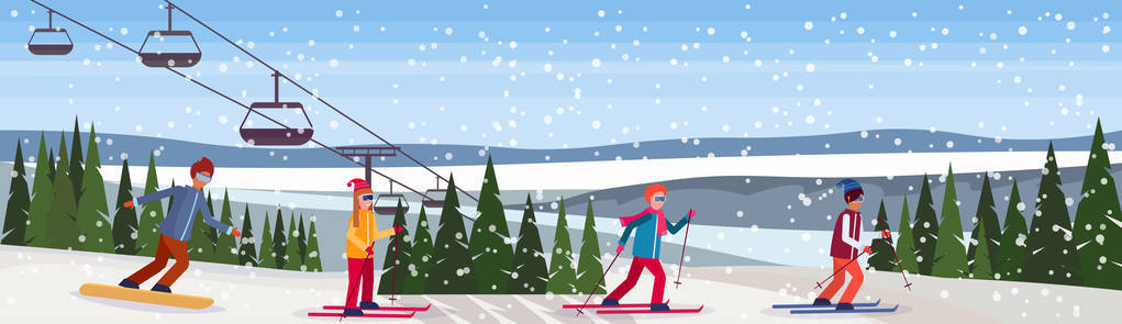 滑雪者和滑雪者滑下冬季雪山杉木森林景观缆车背景滑雪场水平横幅平向量