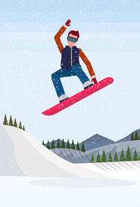 滑雪板人跳跃雪山冷杉树森林景观背景运动员滑雪板寒假平垂直