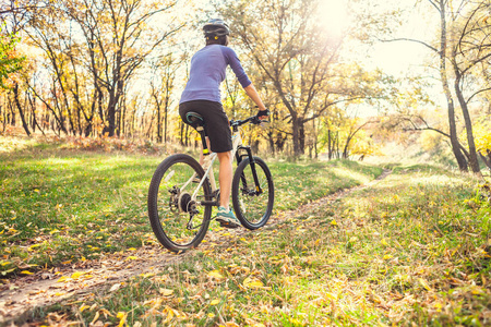 在森林里骑自行车。 女孩骑自行车在森林小径上。 女人在公园里骑自行车。 自行车巡回赛。 去风景优美的地方旅行。 秋天的树。