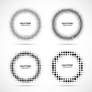 半色调圆形框架点标志标志设置隔离在白色背景。用于医疗治疗技术的圆形设计元素。使用半色调圆点纹理的圆形边框图标。向量