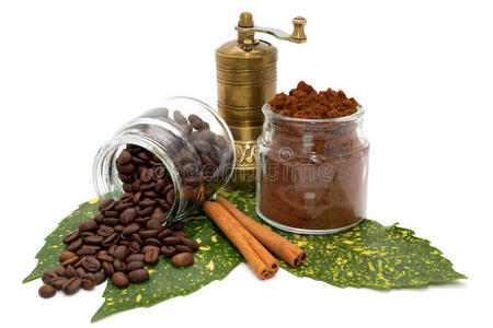 磨碎的咖啡和咖啡豆在玻璃碗里，肉桂和咖啡研磨机放在绿叶上