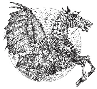 女机器人和队长男子和他的机械化马站在屋顶建筑的未来星球数字艺术