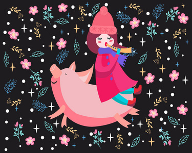 可爱女孩吹笛子和骑猪的矢量插图. 模板贺卡及邀请函照片