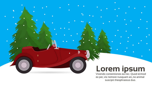 红色复古车快乐新年快乐圣诞概念平冬杉树景观复制横向矢量插图