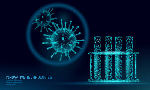 试管病毒3d 低聚渲染。实验室分析感染慢性病肝炎病毒流感感染机体的辅助手段。现代科学技术医学艺术向量例证