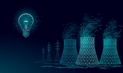 核电站冷却塔低聚.3d 呈现生态污染拯救地球环境概念三角多边形.