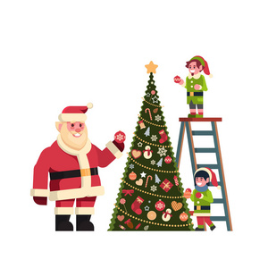 圣诞老人与精灵在楼梯装饰杉树圣诞快乐新年概念平面孤立矢量插图