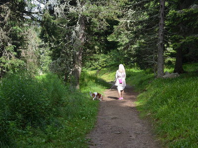 女人和她的狗在穿过森林的小路上散步