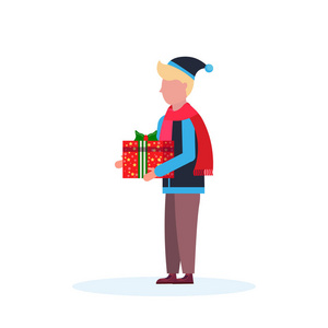 男人拿着礼品盒礼物快乐新年快乐圣诞节概念男性卡通人物档案全长隔离