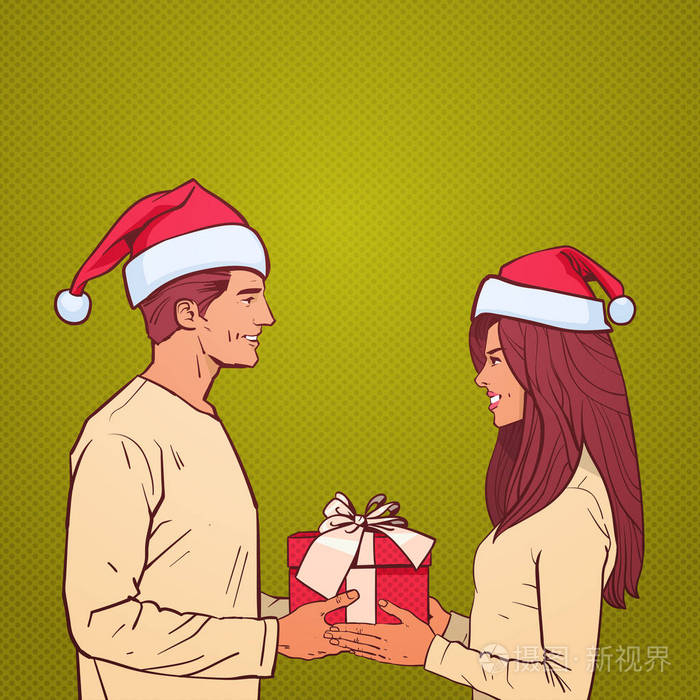 男人送礼物礼品盒微笑的女人快乐新年快乐的圣诞节节日庆祝概念平插画