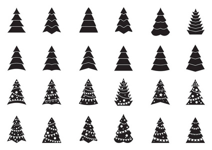 一套黑色和白色的圣诞树图标