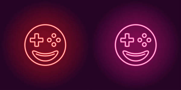 矢量插图的表情播放器与微笑和操纵杆按钮,而不是眼睛在霓虹灯风格的