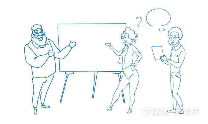 培训会议商界人士团体头脑风暴演示素描涂鸦水平插画-正版商用图片14h