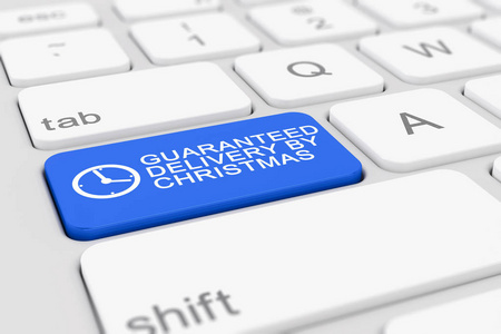 带有蓝色的白色键盘的3D渲染，通过圣诞按钮保证交付