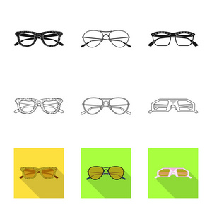 独立的眼镜和太阳镜图标的对象。一套眼镜和附件矢量图标股票