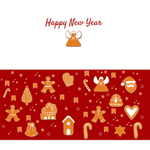 新年快乐。 姜饼.圣诞贺卡模板。 快乐寒假海报。 新年。 节日旗帜