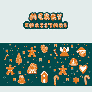 圣诞快乐贺卡模板。 姜饼。 快乐寒假海报。 新年。 节日旗帜
