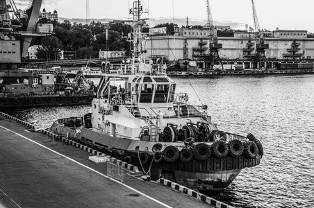 技术船队的船停泊在码头上的海港。 海域的黑白背景。 港口起重机。