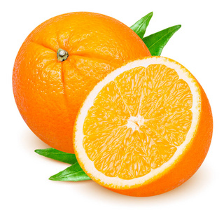 孤立的橙色。 整果和切橙果叶分离白色背景与裁剪路径