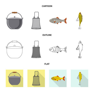 鱼和捕鱼图标的矢量插图。收集鱼和设备股票矢量插图