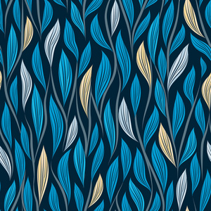 无缝矢量花卉图案,抽象的叶子和树枝在深色背景上的蓝色,用于织物