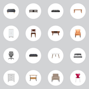 一套家具逼真的符号与休息室, 扶手椅, 家具和其他图标为您的网络移动应用程序标志设计