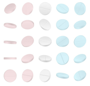 现实的3D医疗药丸特写分离在白色背景。 逼真的白色粉红色和蓝色3D医疗药丸特写。 向量