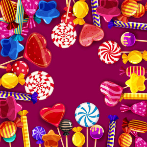 糖果背景集不同颜色的糖果, 糖果, 糖果, 糖果, 果冻豆。模板, 海报, 横幅, 矢量, 孤立, 卡通风格
