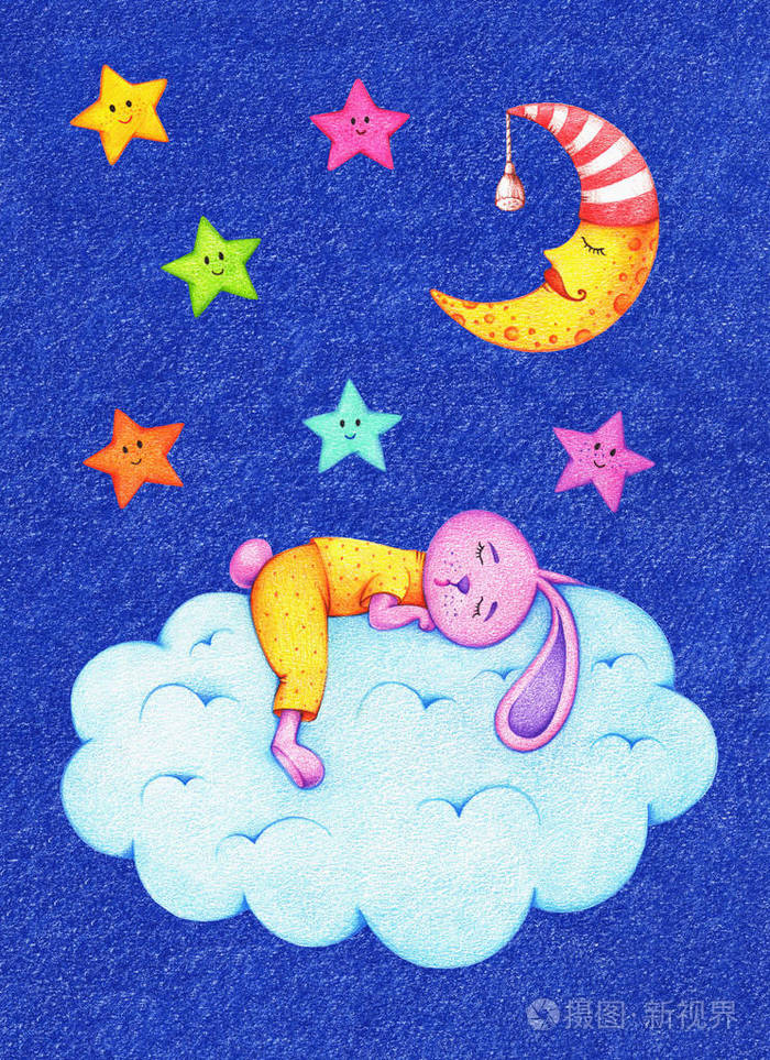 彩色铅笔画了一幅有趣的彩色星星月亮和粉红色的野兔穿着黄色睡衣睡在夜空中的云上