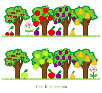 找出八个不同之处。 不同果树的儿童游戏