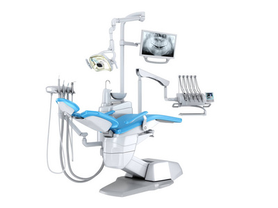 3D在白色背景上渲染现代牙科椅