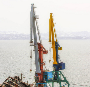 港口起重机在商业海港PetropavlovskKamchatsky市在阿瓦查湾海岸在太平洋。