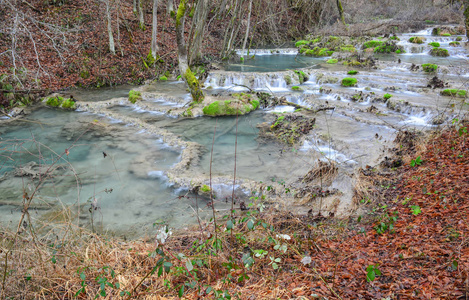 Bigar池塘和瀑布由石灰石Bigar沉淀产生，清澈的绿松石水，绿色的苔藓，Bigar溪，卡尔纳，塞尔维亚