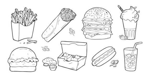 素描快餐.汉堡热狗, 三明治零食, 薯片和冰淇淋, 可乐比萨.