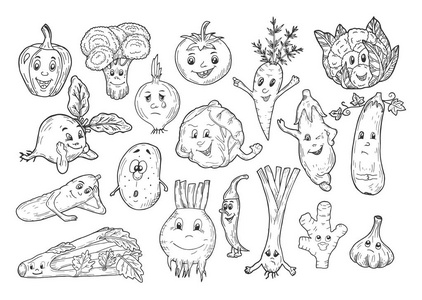 矢量插图的儿童蔬菜与脸设置手绘墨水卡通风格。西兰花菜花卷心菜甜菜根土豆茄子西葫芦胡萝卜洋葱芹菜生姜大蒜西